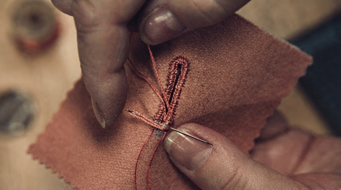 Editorial illustration for The Anatomy of a Couture Buttonhole: Tools, Gimp, and the Six Stages of Hand-Sewn Craft
